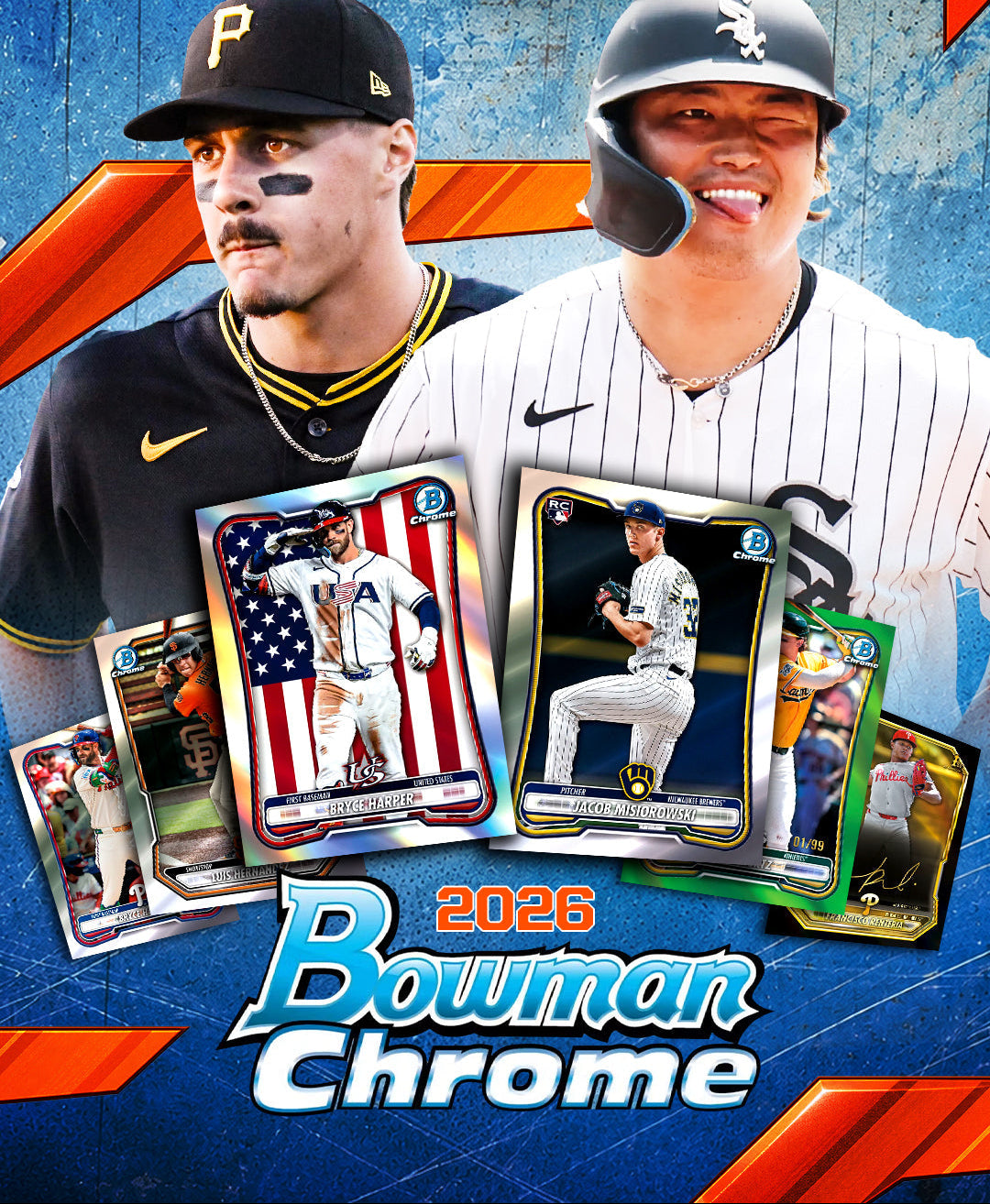 Promotional graphic for the 2026 Bowman Chrome trading card box by CardVault Collectibles, featuring baseball players Tom DeSera and Corey Sedering with several sample Bowman Chrome cards displayed in front against a blue graphic background.